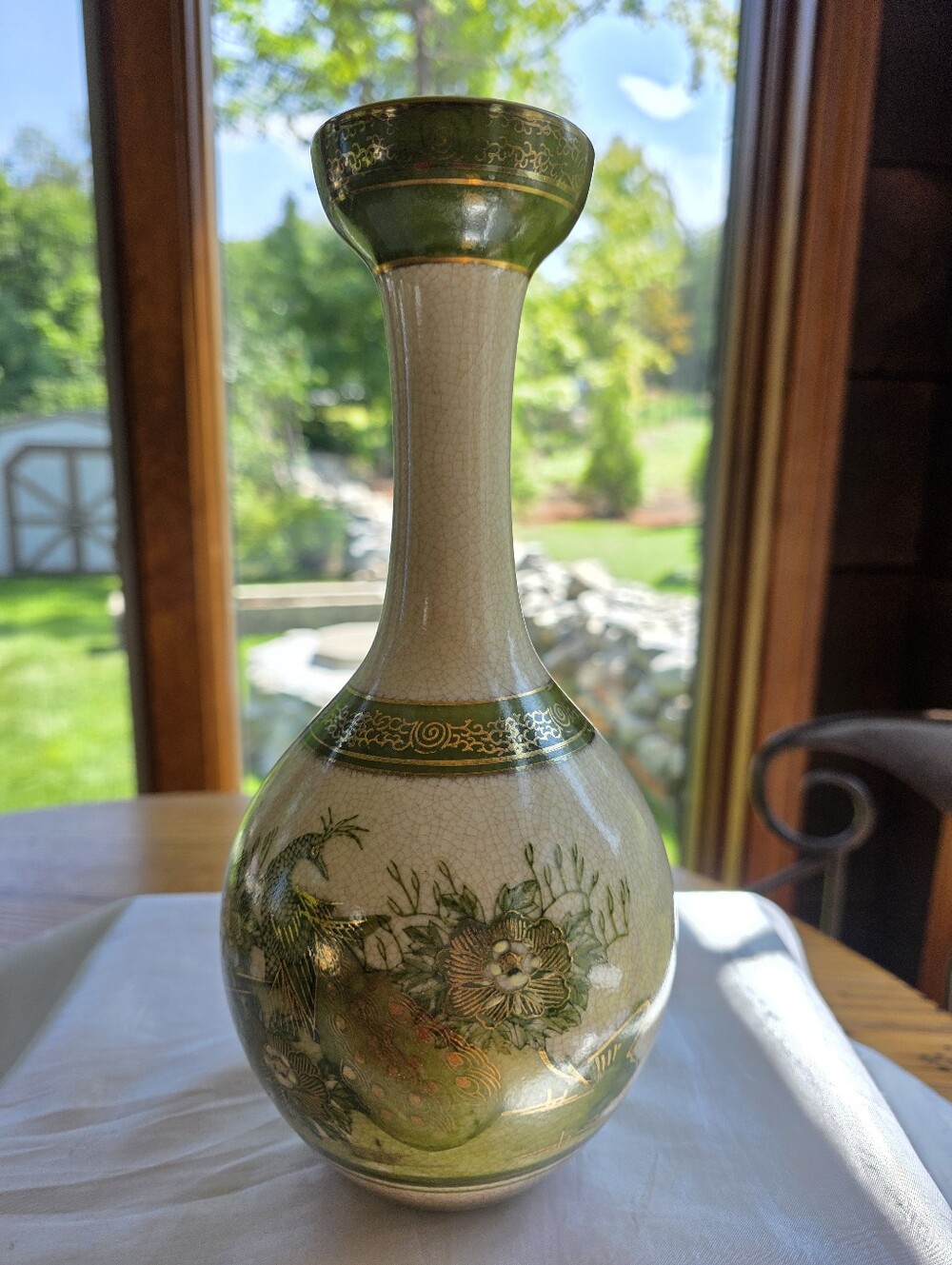 Japanese Satsuma-Style Green & Cream Crackled Glaze Porcelain Vase - Elegant